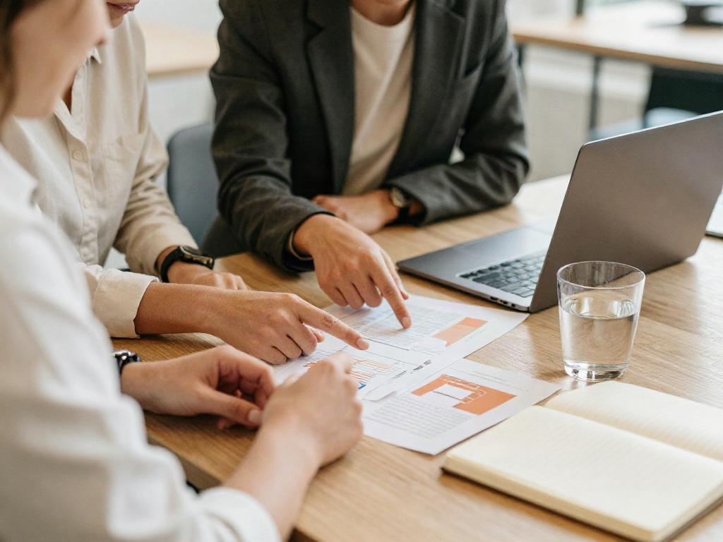 A collaborative strategy session with business reports, charts, and notes around a sunlit meeting table